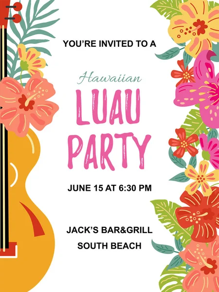 Orman çiçekli, egzotik yapraklı bir gitar. Hawaii Luau partisi davetiye vektör çizimi. El çizimi taslak tarzı. Mesaj için yer. Tatil için şablon, poster, afiş, broşür. Düz biçim tasarımı.