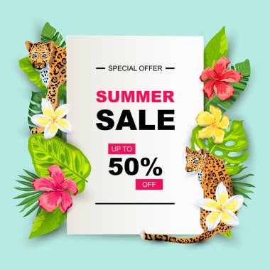 Summer sale with leopards, tropical leaves, flowers. Place for text. Template for poster, web, party invitation, flyer. Vector illustration.
