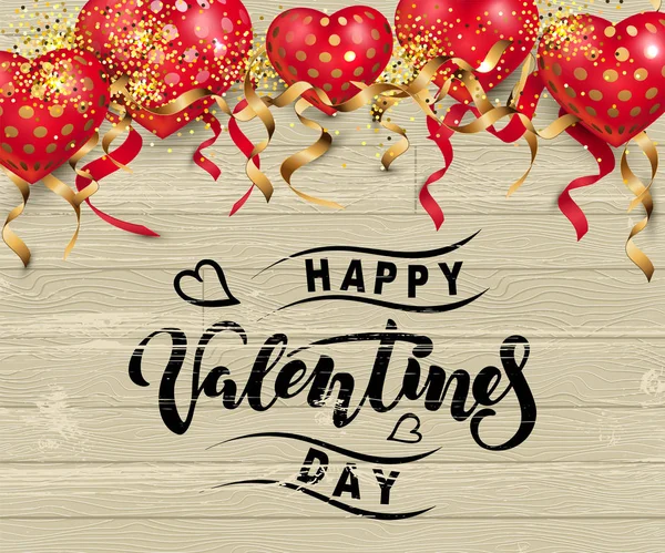 Handwritten Lettering Happy Valentine Day Hearts Wood Background Place Text — 스톡 벡터