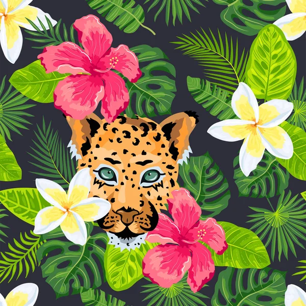 Leopardí Tvář Listy Džungle Tropické Květiny Bezešvé Vzor Vektorová Ilustrace — Stockový vektor