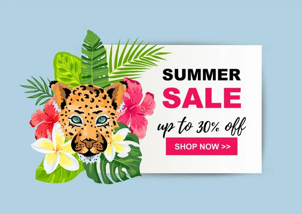 Sommerverkauf Mit Leoparden Tropischen Blättern Blumen Platz Für Text Vorlage — Stockvektor