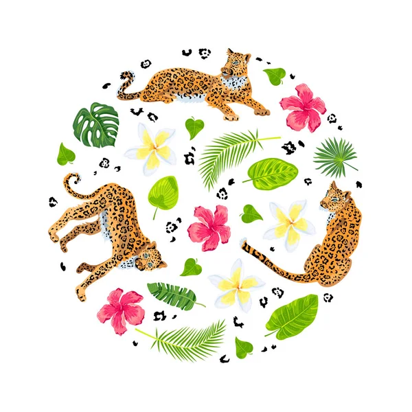 Leopardos Con Hojas Selva Flores Tropicales Ilustración Vectorial Sobre Fondo — Vector de stock