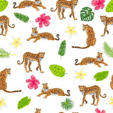 Orman yapraklı leoparlar, dikişsiz tropik çiçekler. Vektör illüstrasyonu.