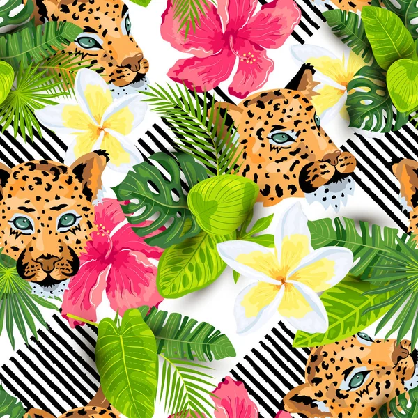 Leopardí Tváře Listy Džungle Tropické Květiny Bezešvé Vzor Vektorová Ilustrace — Stockový vektor