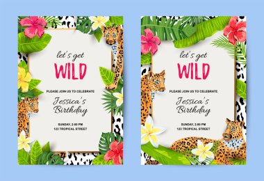 Tropikal yapraklı leoparlar, çiçekler, çılgın parti davetiyeleri. Mesaj için yer. Broşür, doğum günü, tropikal parti, afiş, poster için vektör illüstrasyonu.