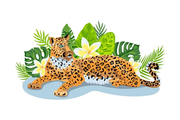 Leopardo Onça Pintada Com Folhas Tropicais Plumeria Flor Exótica Design — Vetor de Stock