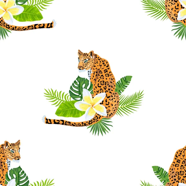 Leopardos Con Hojas Selva Flores Tropicales Patrón Sin Costuras Ilustración — Vector de stock