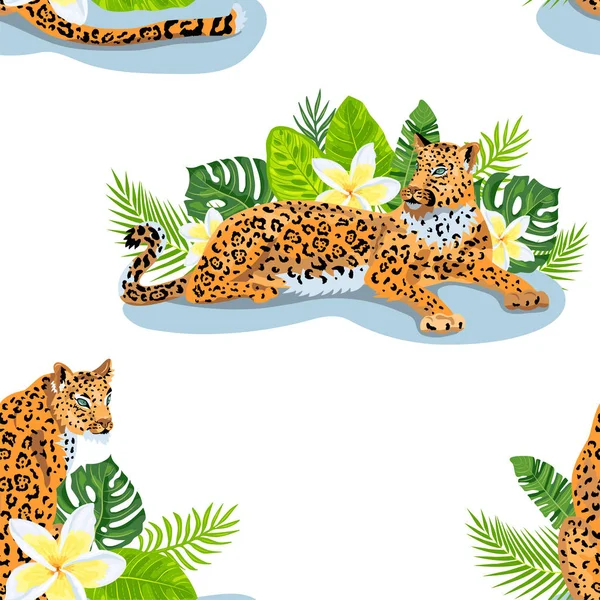 Leopards Φύλλα Ζούγκλας Τροπικά Λουλούδια Απρόσκοπτη Μοτίβο Εικονογράφηση Διανύσματος — Διανυσματικό Αρχείο