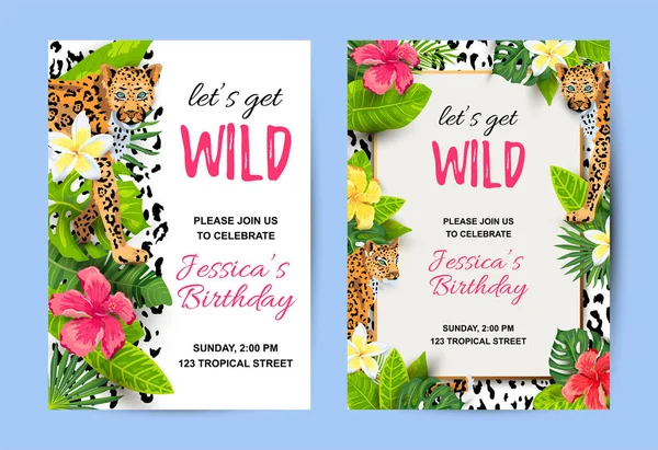 Leopardos Con Hojas Tropicales Flores Invitaciones Fiestas Salvajes Lugar Para — Archivo Imágenes Vectoriales