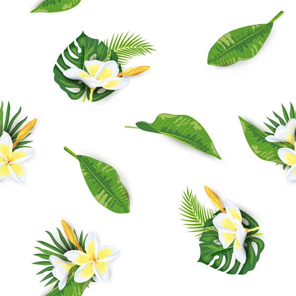 Liście Dżungli Tropikalny Kwiat Frangipani Bezszwowy Wzór Ilustracja Wektora — Wektor stockowy