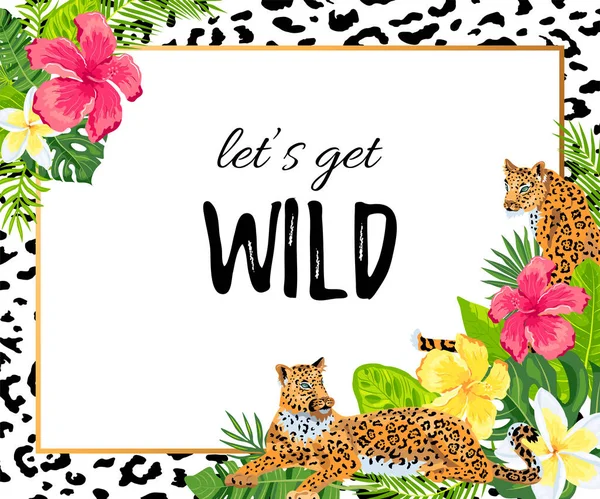 Leopardos Com Folhas Tropicais Flores Convite Festa Selvagem Lugar Para —  Vetores de Stock