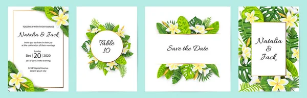 Convites Com Folhas Selva Flor Tropical Frangipani Modelos Verão Ilustração —  Vetores de Stock