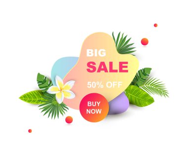 Tropikal yapraklı, çiçekli, sıvı geometrik şekilli yaz indirimi afişi. Mesaj için yer. Poster, ağ, davetiye, broşür. Vektör illüstrasyonu.