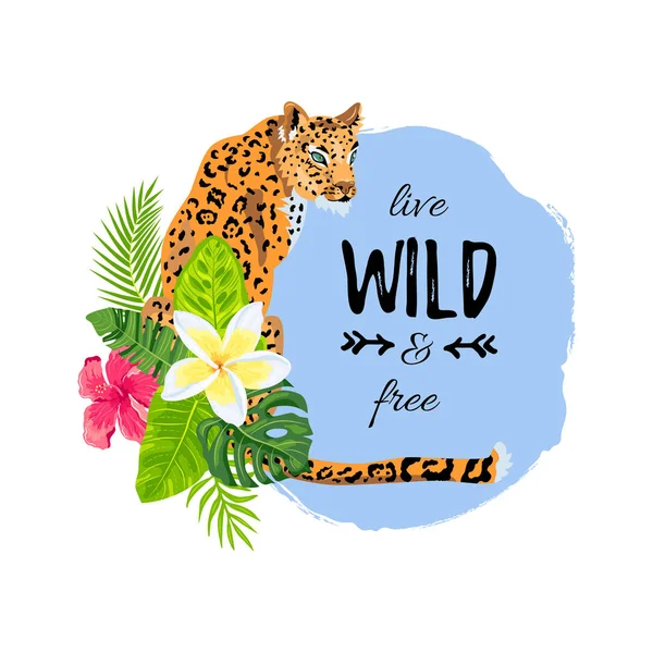 Leopardo Com Folhas Tropicais Plumeria Hibisco Viva Selvagem Livre Lugar —  Vetores de Stock