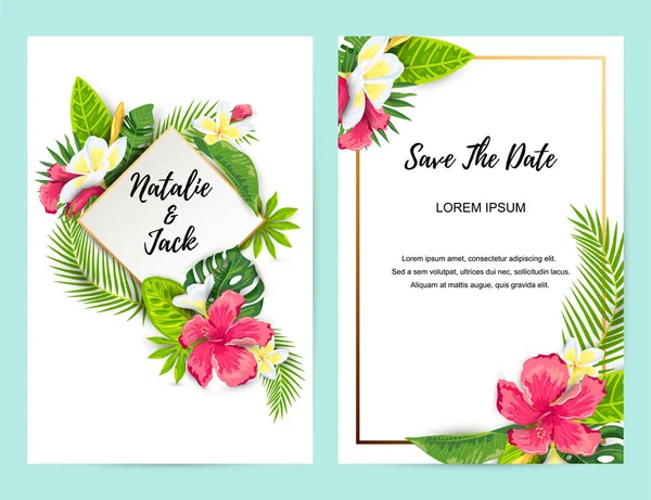 Invitations Tropical Flowers Jungle Leaves Vector Illustration Summer Templates Place — 스톡 벡터