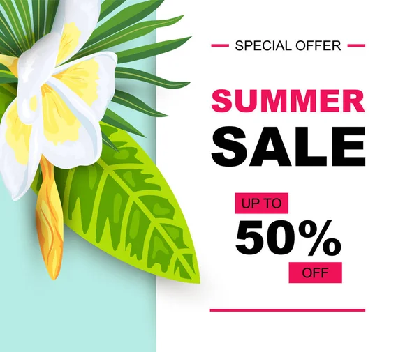 Sommerschlussverkauf Mit Tropischen Blättern Und Plumeria Blume Platz Für Text — Stockvektor