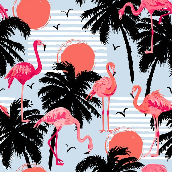 Бесшовный Узор Розовыми Фламинго Пальмами Солнцем Векторная Иллюстрация — стоковый вектор