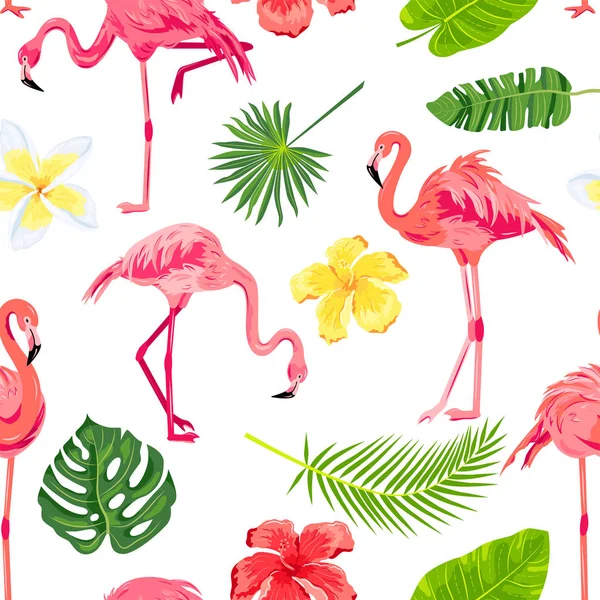 Рожеві Фламінго Листя Джунглів Тропічні Квіти Безшовні Візерунки Векторні Ілюстрації — стоковий вектор
