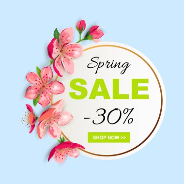 Kirazlı bahar indirimi afişi, sakura çiçeği. Mesaj için yer. Poster, ağ, davetiye, broşür, Anneler ve Kadınlar Günü. Çember konsepti.