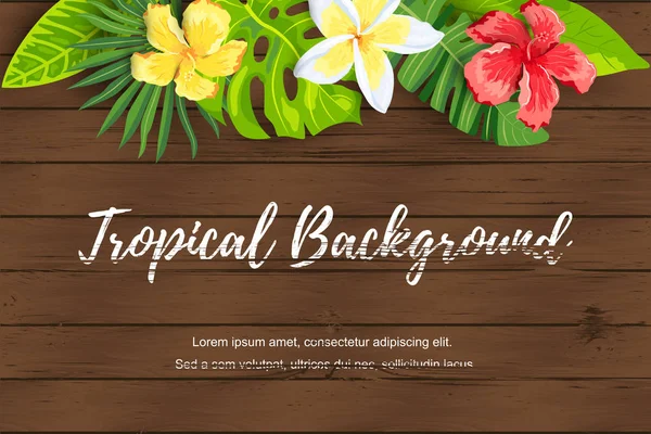 Sommer Tropischen Hintergrund Mit Exotischen Blättern Und Blumen Auf Strukturiertem — Stockvektor