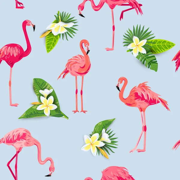 Roze Flamingo Jungle Bladeren Tropische Bloemen Plumeria Naadloos Patroon Vectorillustratie — Stockvector