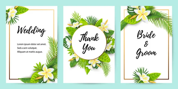 Meghívók Dzsungellevelekkel Trópusi Virágokkal Plumeria Vektor Illusztráció Nyári Sablonok Helyet — Stock Vector