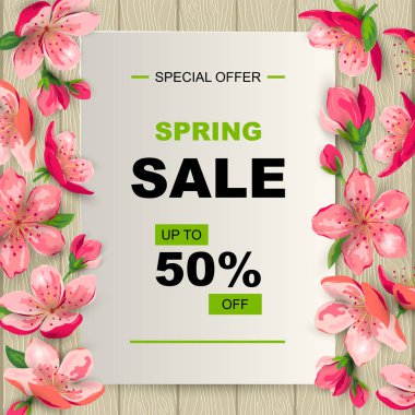 Kirazlı bahar indirimi afişi, sakura çiçeği. Mesaj için yer. Poster, ağ, davetiye, broşür, Anneler ve Kadınlar Günü.