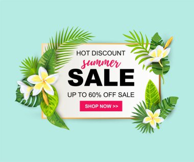 Tropikal yapraklar ve Plumeria çiçekleriyle yaz indirimi. Mesaj için yer. Poster, web, parti davetiyesi, spa broşürü, afiş, güzellik teklifi, düğün partisi. Vektör illüstrasyonu.