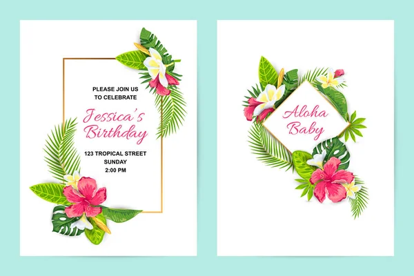 Invitations Tropical Flowers Jungle Leaves Vector Illustration Summer Templates Place — 스톡 벡터