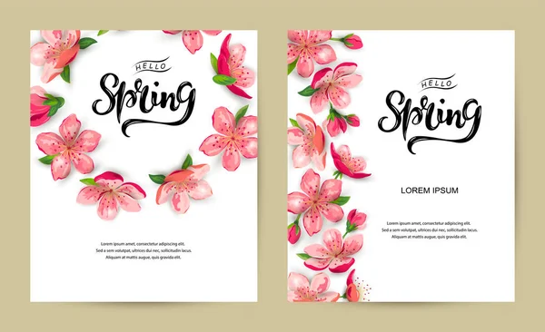 Hola Letras Manuscritas Primavera Con Flor Sakura Flores Cerezo Lugar — Vector de stock