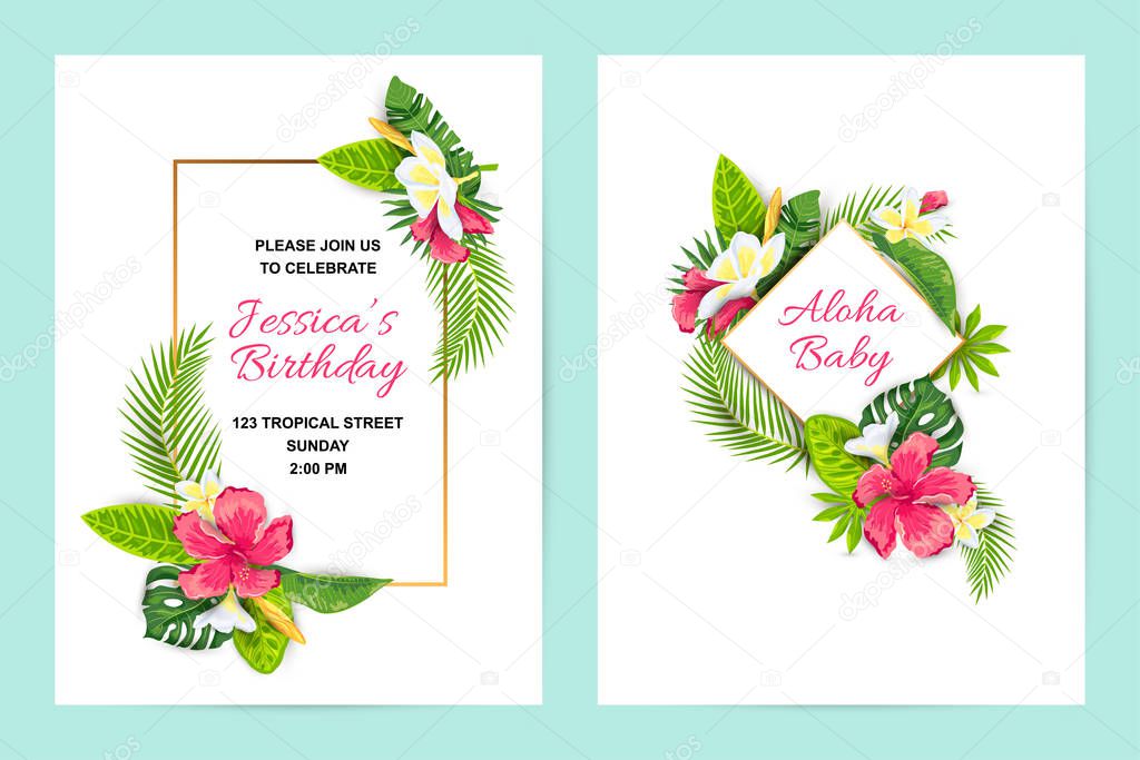 Invitations with tropical flowers, jungle leaves. Vector illustration summer templates. Place for text. Great for wedding, SPA flyer, beauty offer, poster, baby shower, bridal shower, tropical party.