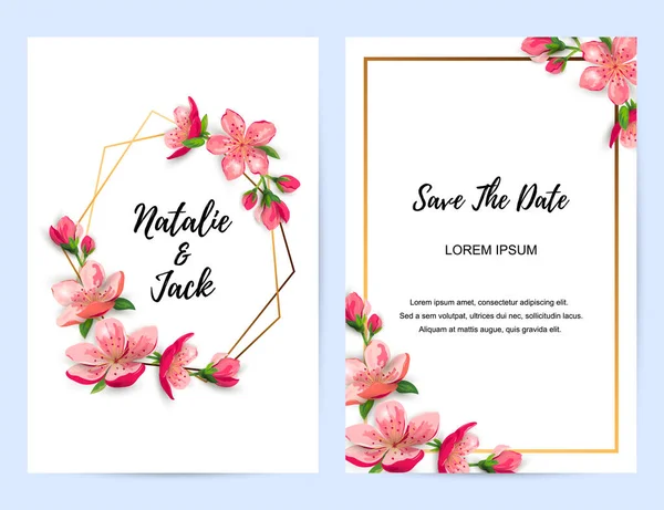 Invitaciones Primavera Con Sakura Flor Flores Cerezo Lugar Para Texto — Vector de stock