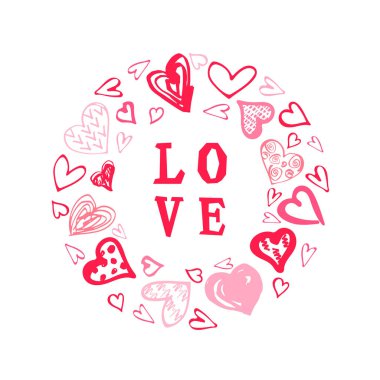 Circle with hand drawn sketch style hearts. Great for Valentine's day, baby shower, print, t-shirt design. Vector illustration isolated on white background.