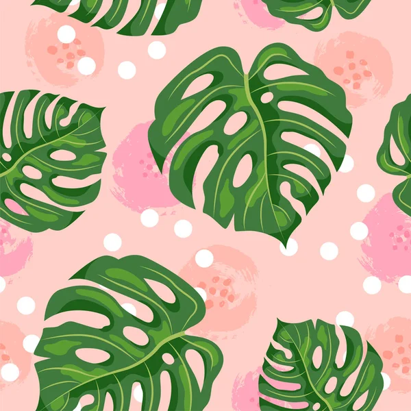 Seamless Pattern Tropical Leaves Monstera Pink Background Vector Illustration — Stock Vector