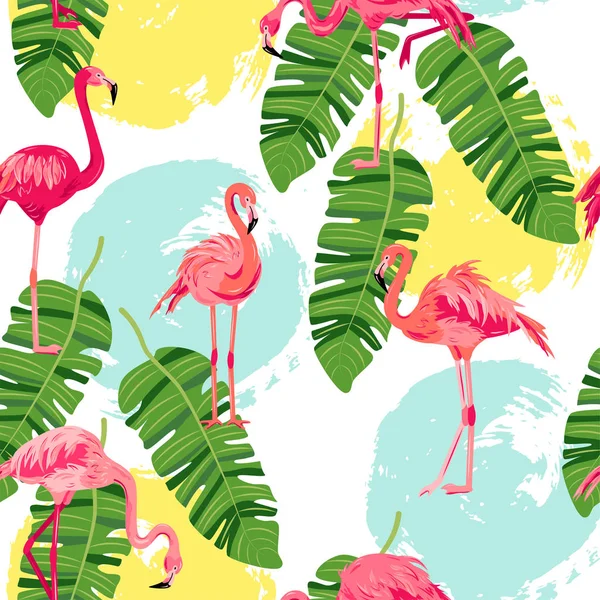 Padrão Sem Costura Com Flamingos Rosa Folha Selva Círculos Desenhados —  Vetores de Stock