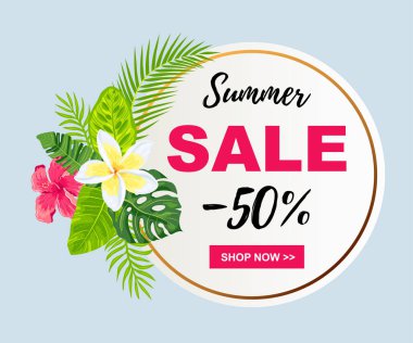 Tropikal yapraklar ve çiçeklerle yaz indirimi. Mesaj için yer. Poster, web, parti davetiyesi, spa broşürü, afiş, güzellik teklifi, düğün partisi. Vektör illüstrasyonu.