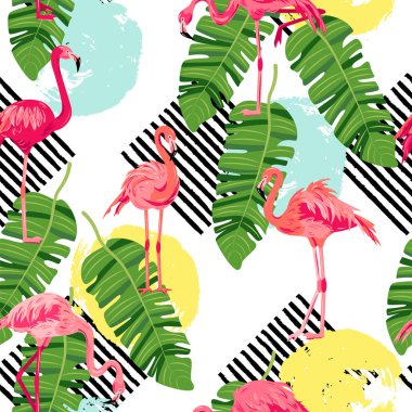 Pembe flamingolu kusursuz desen, orman yaprağı ve el çizimi daireler ve çizgiler. Vektör illüstrasyonu.