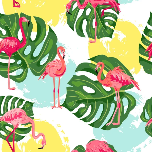 Бесшовный Узор Розовыми Фламинго Монстрами Листьев Джунглей Нарисованными Вручную Кругами — стоковый вектор