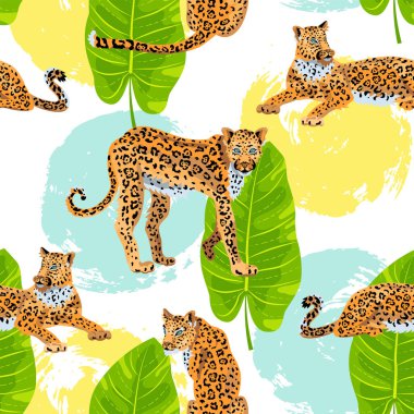 Leoparlar, tropikal yapraklar ve el yapımı mermilerle kusursuz desenler. Vektör illüstrasyonu.