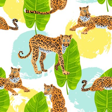 Seamless pattern with leopards, tropical leaf and hand drawn style rounds. Vector illustration. clipart