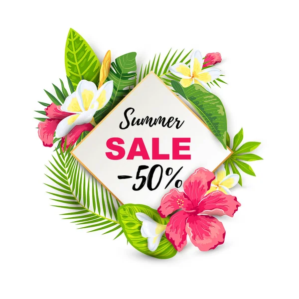 Sommerschlussverkauf Mit Tropischen Blättern Und Blüten Platz Für Text Hintergrund — Stockvektor