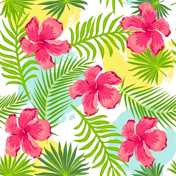 Folhas Palma Exóticas Tropicais Flores Hibisco Com Manchas Estilo Desenhadas —  Vetores de Stock