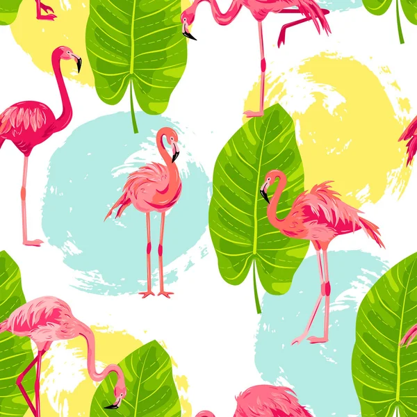Бесшовный Узор Розовыми Фламинго Листьями Джунглей Нарисованными Вручную Кругами Векторная — стоковый вектор