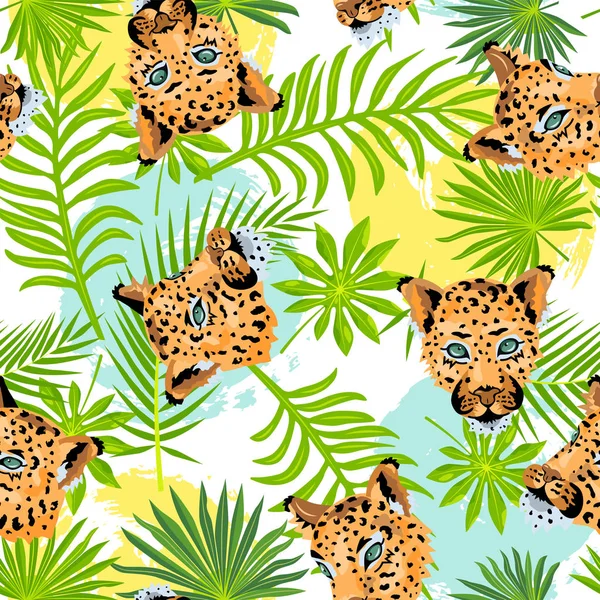 Bezproblémový Vzor Leopardy Tropickými Listy Ručně Kreslenými Koly Vektorová Ilustrace — Stockový vektor