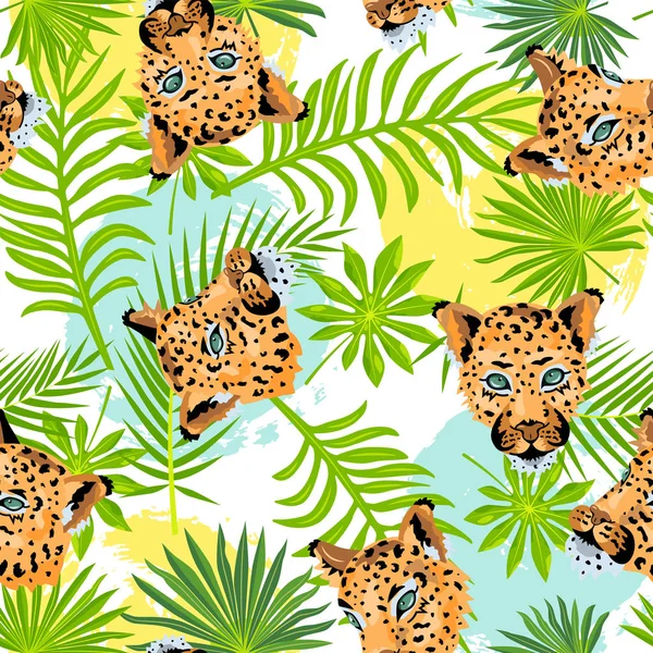 Seamless pattern with leopards, tropical leaves and hand drawn style rounds. Vector illustration.