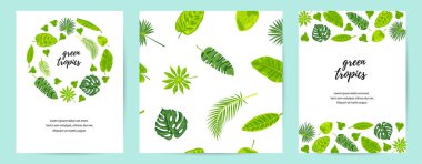 Kusursuz desen ve egzotik orman yapraklarıyla hazırlanmış davetiyeler. Vektör illüstrasyon tropikal şablon. Mesaj için yer. Broşür, davetiye, ekolojik konsept, poster, duyuru için harika..
