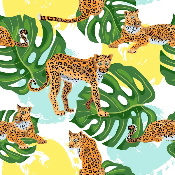 Seamless pattern with leopards, tropical leaf monstera and hand drawn style rounds. Vector illustration.