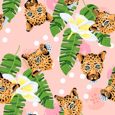 Leoparlar, tropikal yapraklar ve tesisat çiçeğiyle kusursuz desen. Vektör illüstrasyonu.