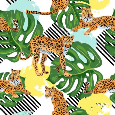 Leopar desenli, tropikal yaprak canavarı, el yapımı yuvarlak ve şeritli. Vektör illüstrasyonu.