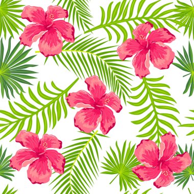 Palmiye yaprakları ve tropikal çiçek amfibiği olan kusursuz bir desen. Vektör illüstrasyonu.